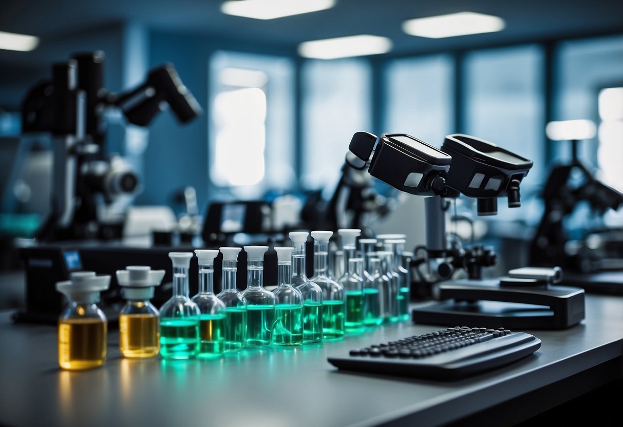 A lab bench with biohacking equipment and tools, including microscopes, petri dishes, test tubes, and electronic devices. Bright lighting and a clean, organized workspace