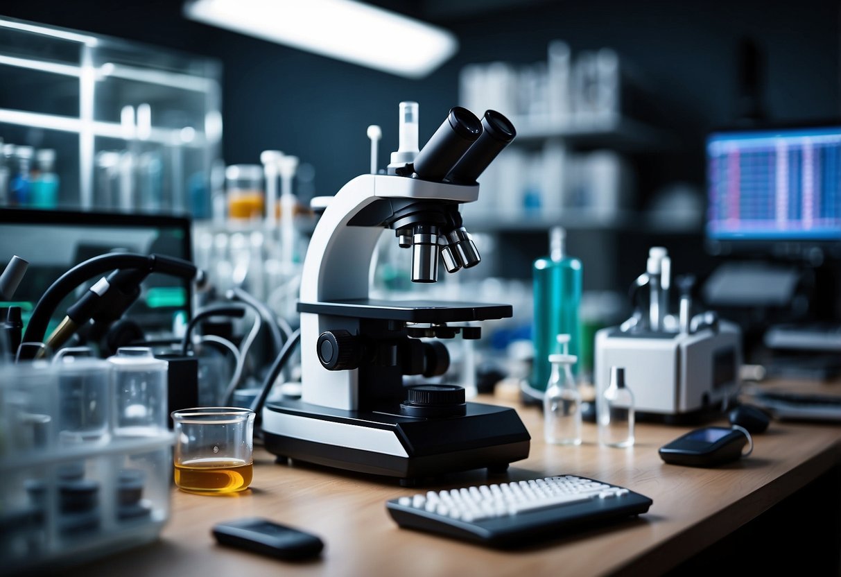 A lab bench with biohacking tools: microscope, petri dishes, test tubes, pipettes, and electronic devices for data analysis