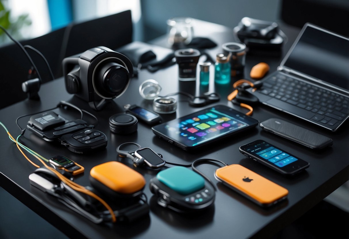 A colorful array of biohacking tools and gadgets, including smart devices, supplements, and fitness equipment, arranged on a sleek, modern table