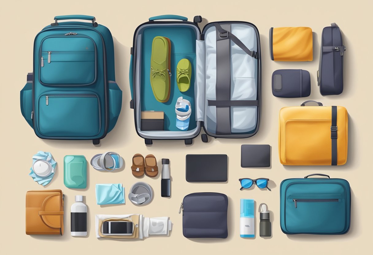 A compact suitcase with neatly folded clothes, a travel-sized toiletry kit, and a small backpack for essentials laid out on a bed