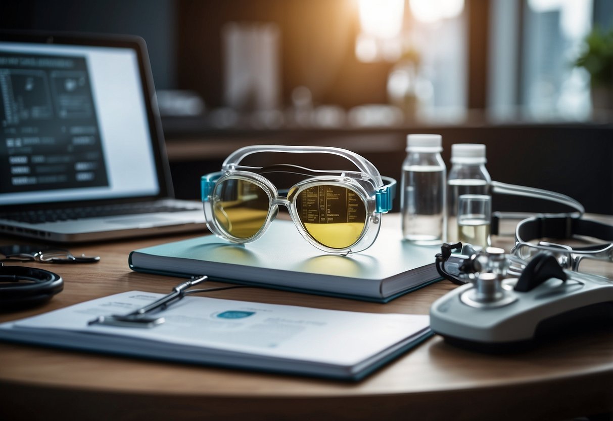 A lab table with biohacking equipment, safety goggles, and an ethics handbook