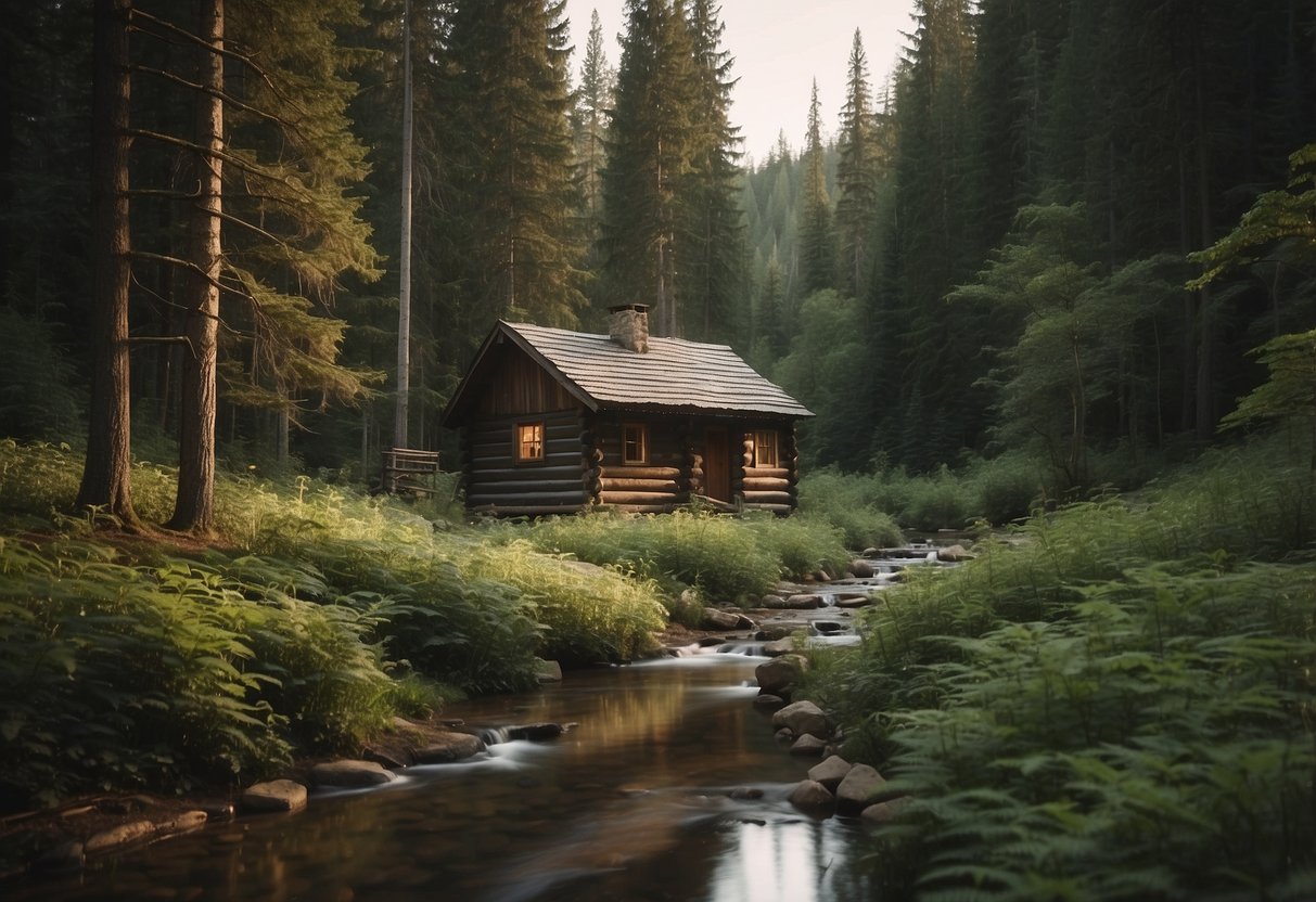 A serene forest clearing with a small cabin, surrounded by tall trees and a meandering stream. No digital devices in sight