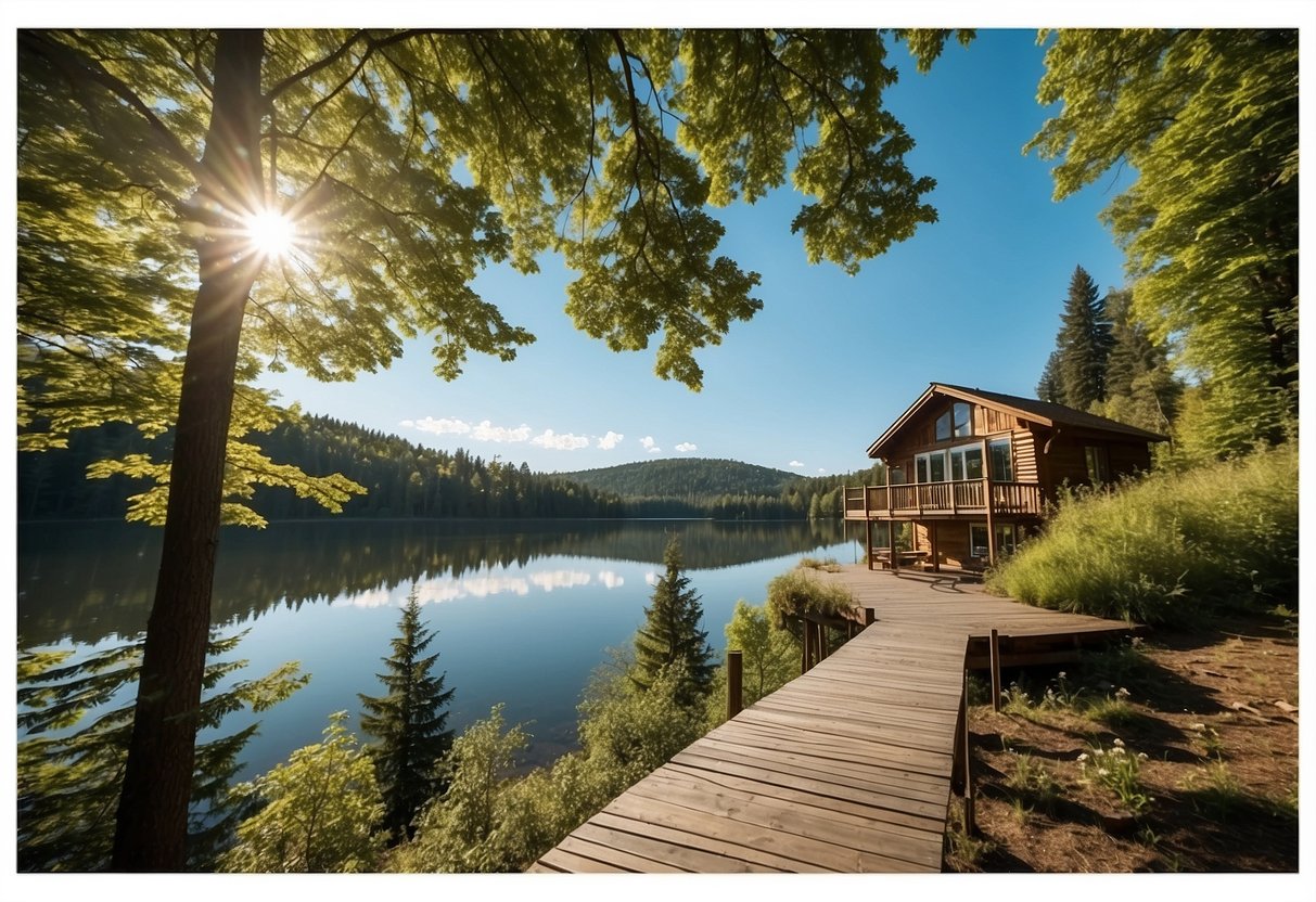 A serene landscape with a peaceful lake surrounded by lush greenery, a secluded cabin nestled in the trees, and a clear blue sky overhead