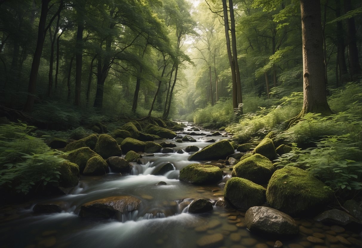 A serene forest clearing with a flowing stream, surrounded by towering trees and vibrant foliage, with a sense of tranquility and rejuvenation