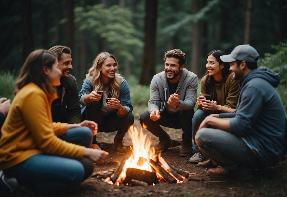 A group of people gather around a campfire, surrounded by nature. They engage in conversation, laughter, and activities, fostering a sense of community and connection at a digital detox retreat