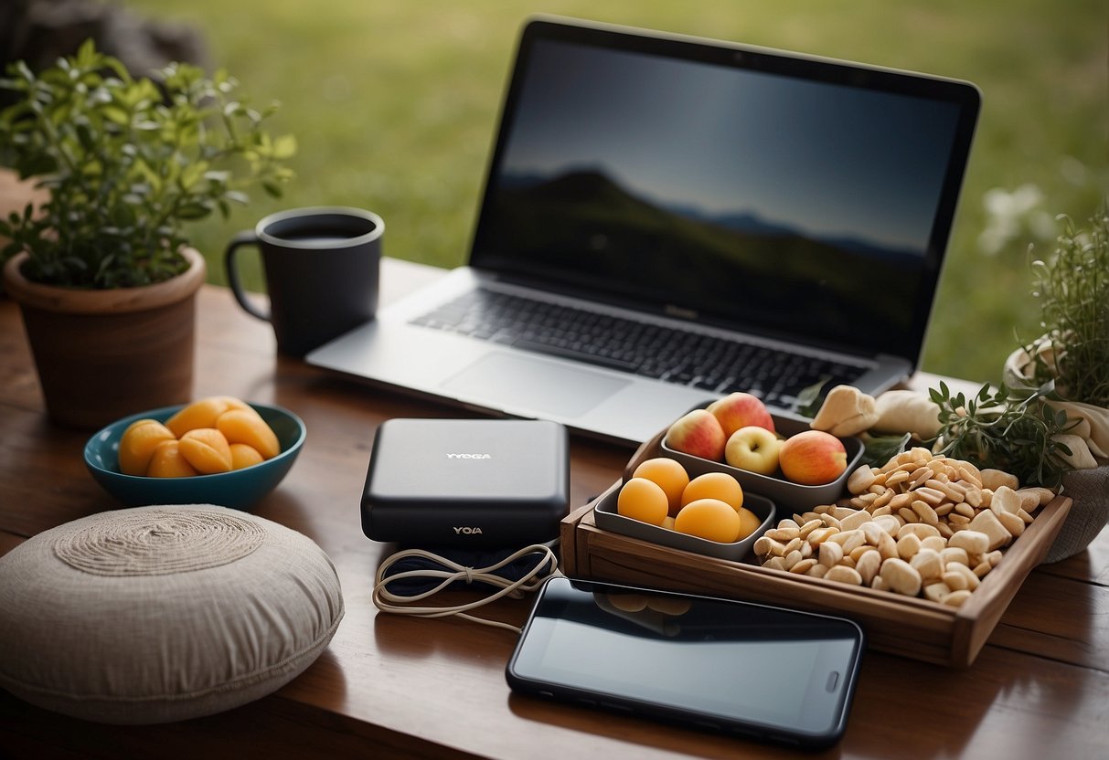 A serene nature setting with digital devices discarded, surrounded by yoga mats, meditation cushions, and healthy snacks