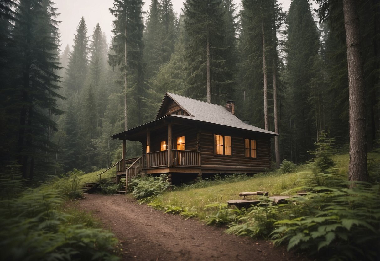 A serene forest clearing with a cozy cabin, surrounded by tall trees and a gentle stream, with a sign reading "Post-Retreat Integration Digital Detox Retreats"