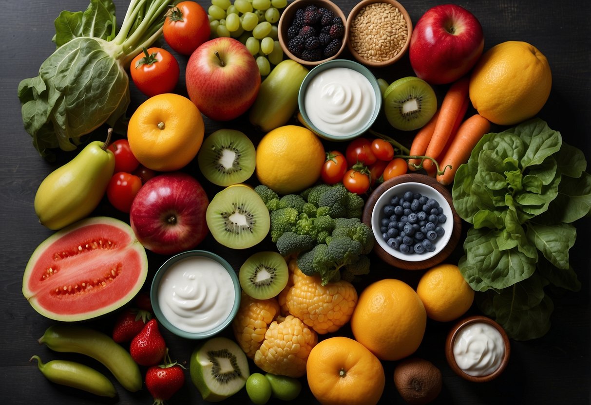 A variety of colorful fruits, vegetables, and grains arranged on a table, with a focus on gut-friendly foods like yogurt, kimchi, and leafy greens