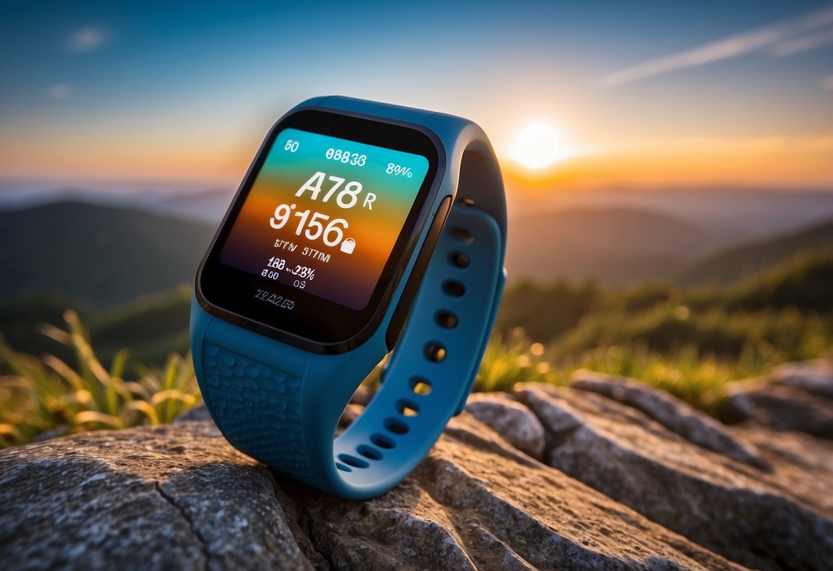 A wristband fitness tracker displays heart rate and steps on a colorful screen during a morning run