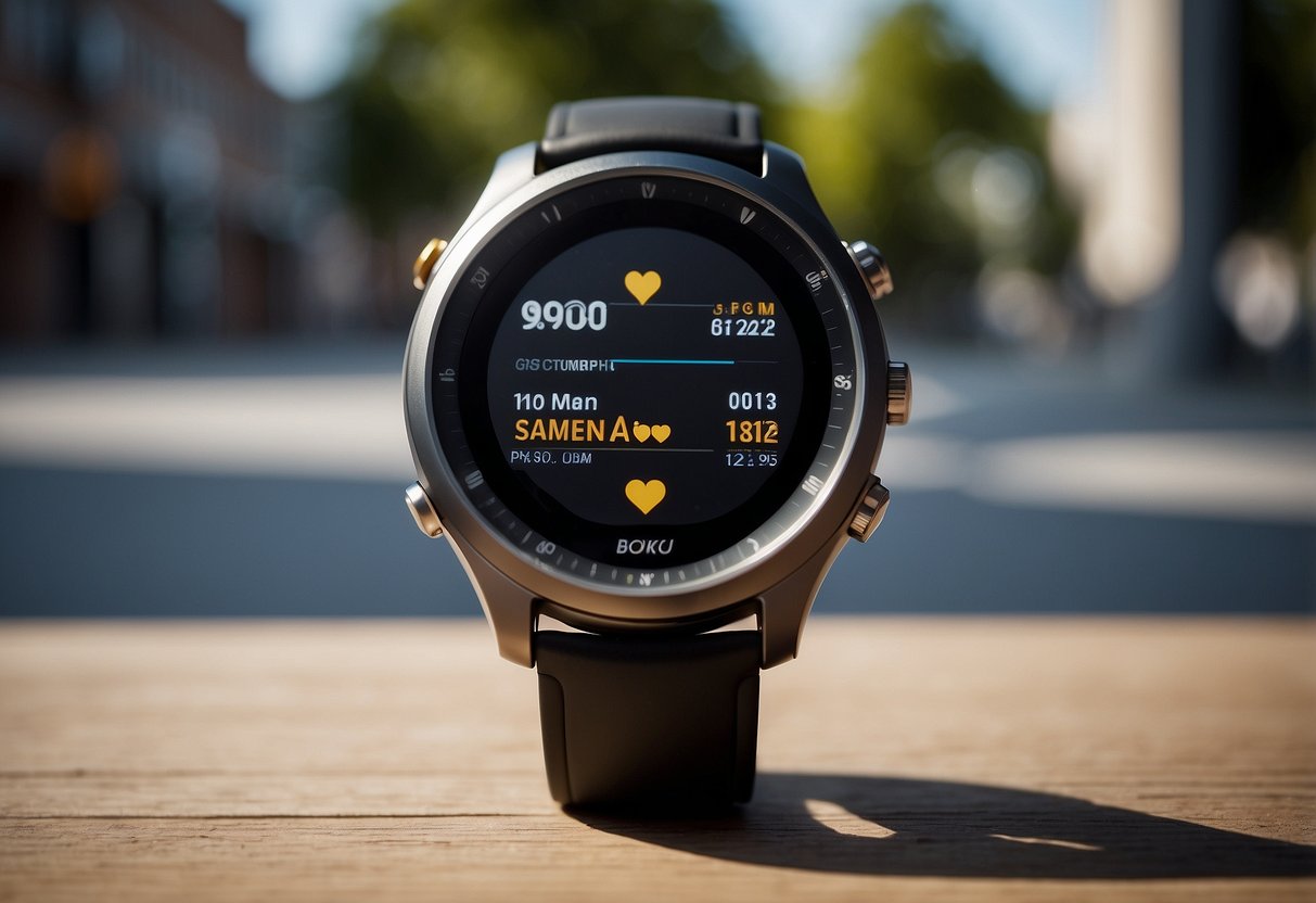 A sleek wearable fitness device with a digital display, heart rate monitor, and GPS tracking