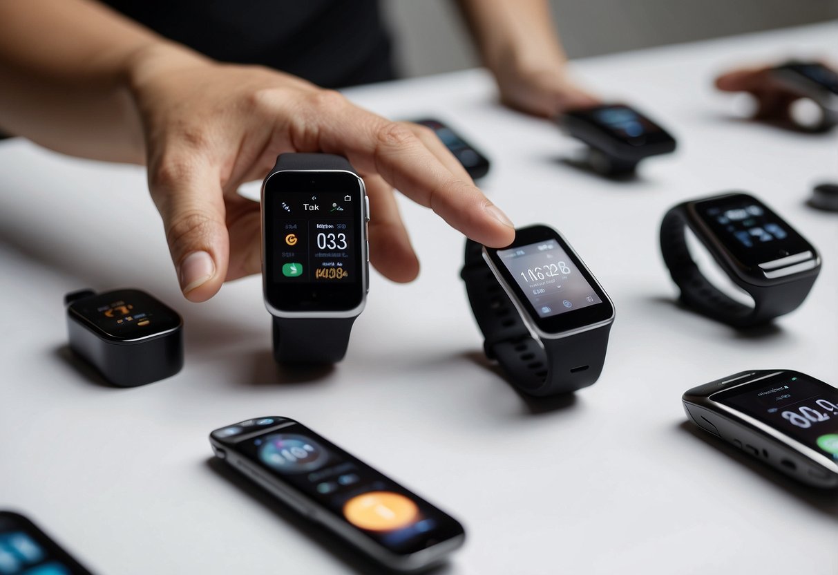 A hand reaches out to select from an array of sleek, modern wearable fitness devices displayed on a clean, white surface