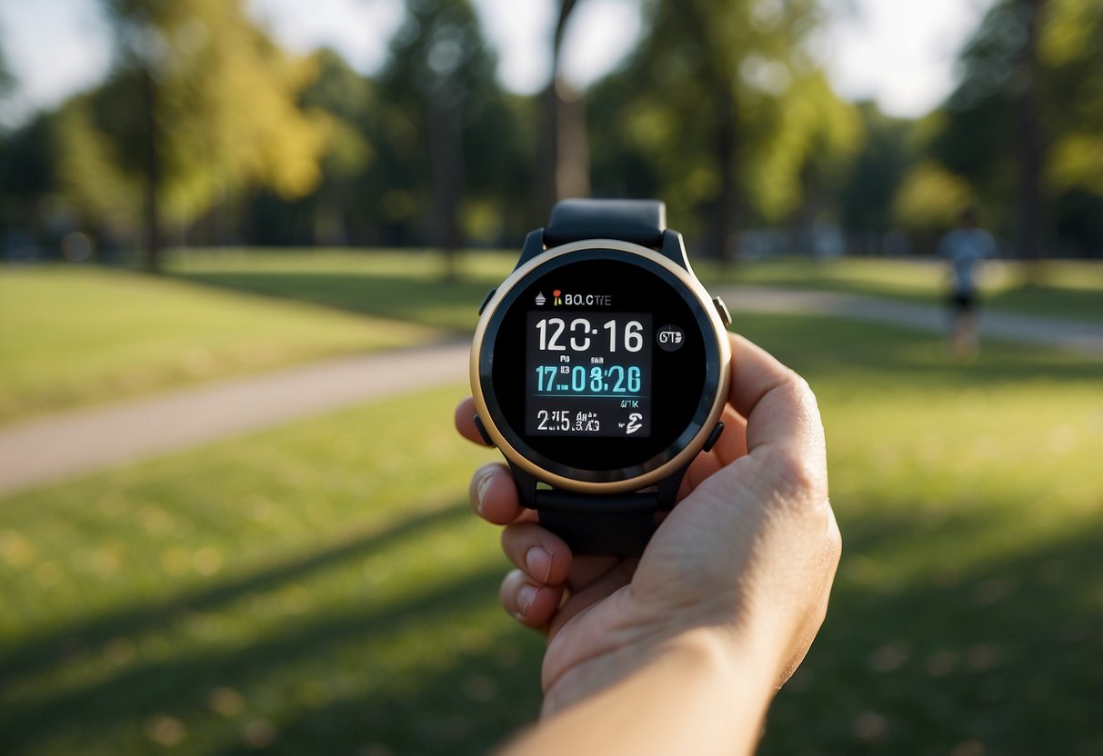 A person's wrist wearing a fitness tracker while jogging through a park. The tracker displays heart rate, steps, and calories burned