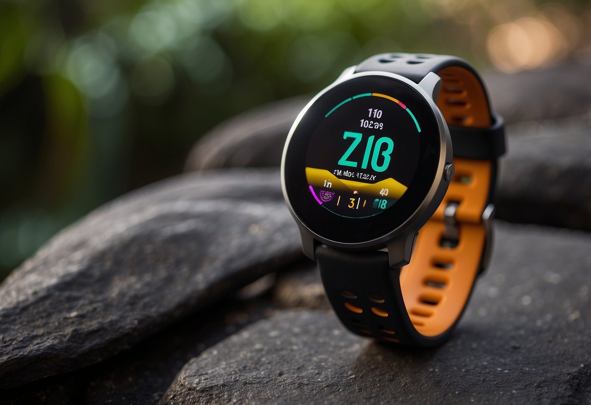 A sleek wearable device displays heart rate, steps, and workout data on a vibrant screen, surrounded by advanced sensors and health tracking features