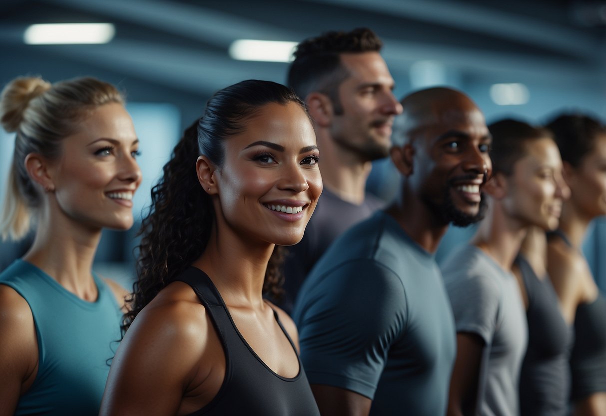 A diverse group of avatars exercise together in a digital landscape, surrounded by virtual fitness equipment and motivational messages