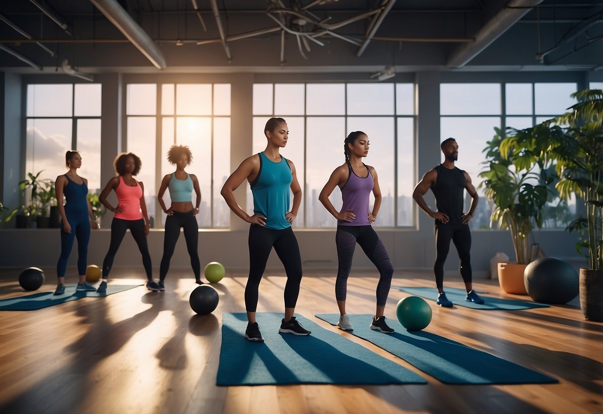 A diverse group of avatars engage in virtual fitness classes, surrounded by digital landscapes and interactive workout equipment