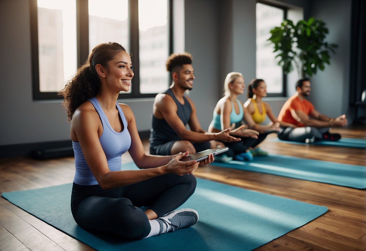 A diverse group of people engage in virtual fitness activities on various digital platforms, connecting and supporting each other in a vibrant online community