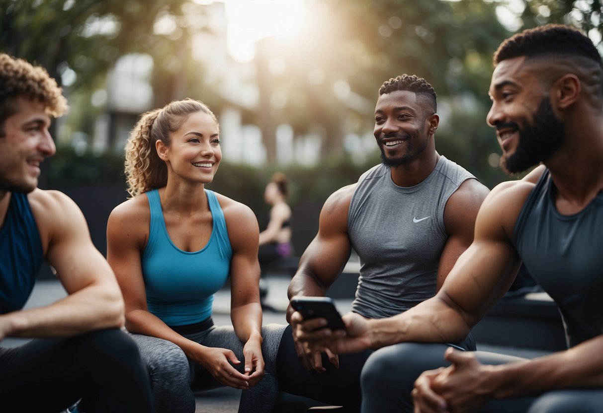 A diverse group of virtual fitness enthusiasts engage in motivational conversations and share workout tips on social media platforms