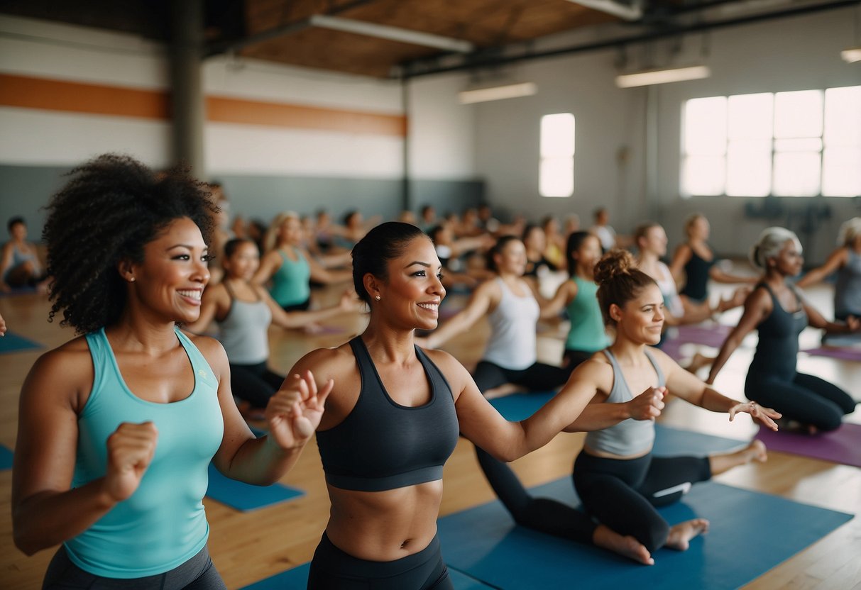 People of all ages and backgrounds are seen virtually participating in various fitness activities such as yoga, HIIT, and dance. The scene is vibrant and energetic with a sense of community and inclusivity