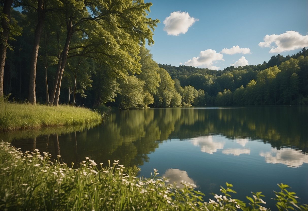 A serene nature scene with a peaceful lake, surrounded by lush green trees and a clear blue sky, evoking a sense of calm and tranquility