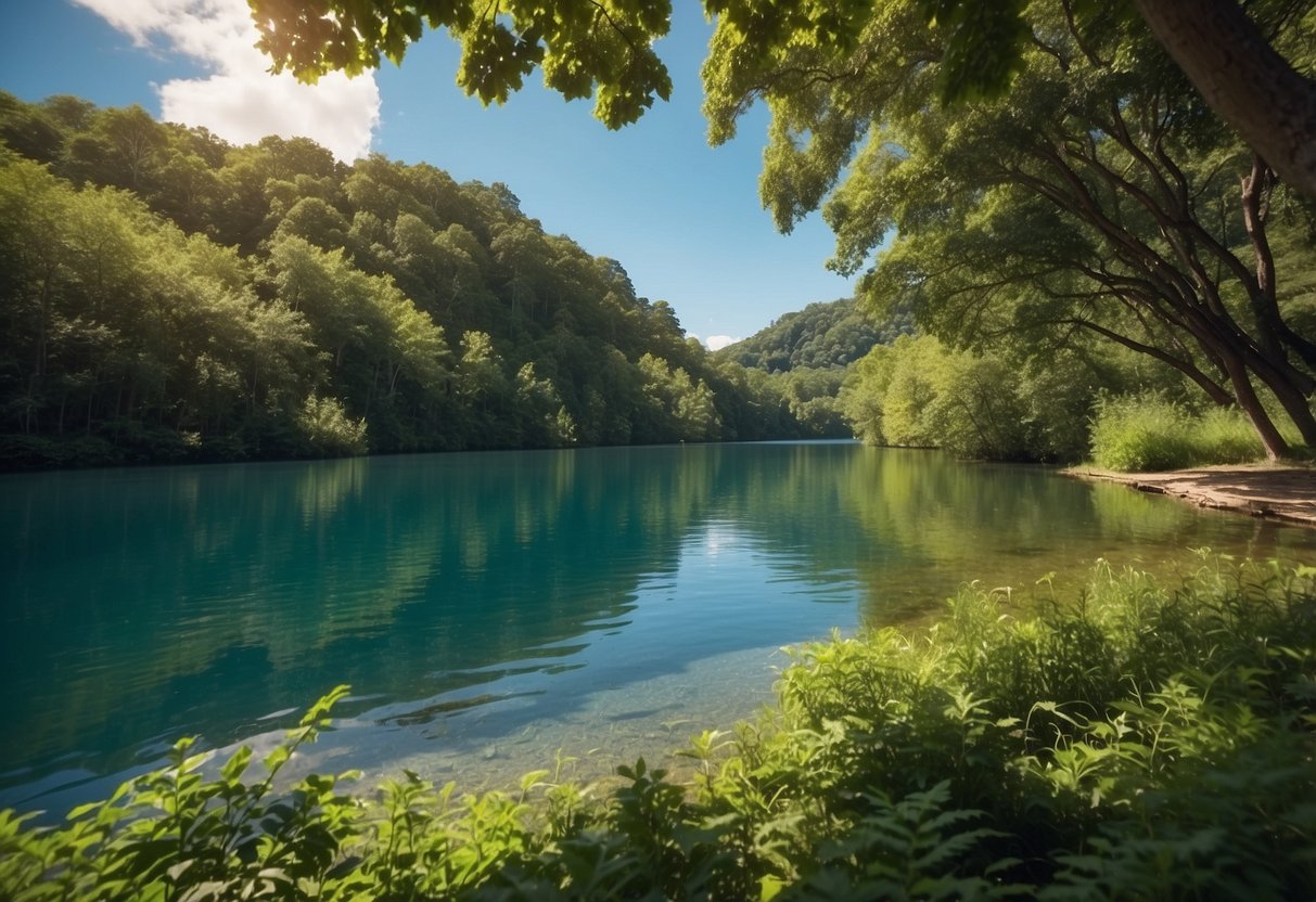 A serene natural setting with calm water, lush greenery, and a clear blue sky. A sense of peace and tranquility emanates from the scene