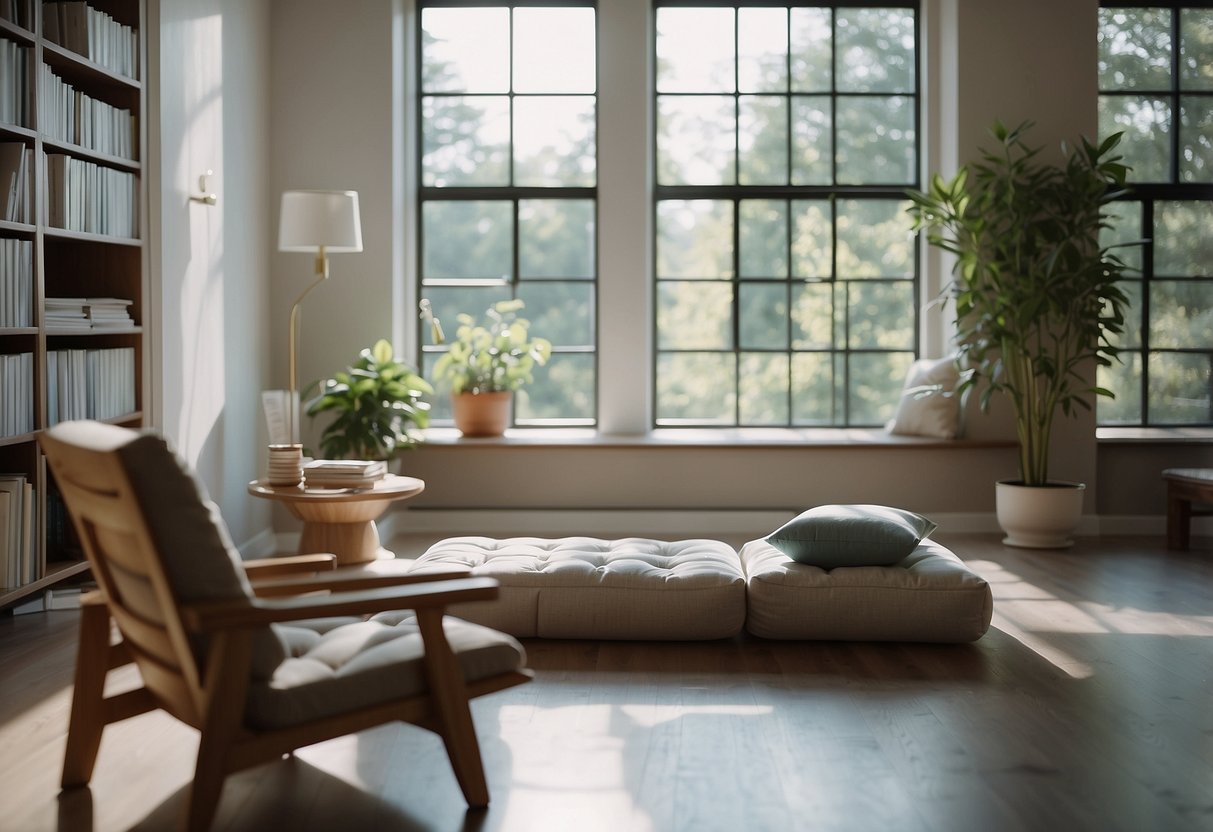 A serene laboratory setting with meditation cushions, brain scans, and research papers on mindfulness-based stress reduction