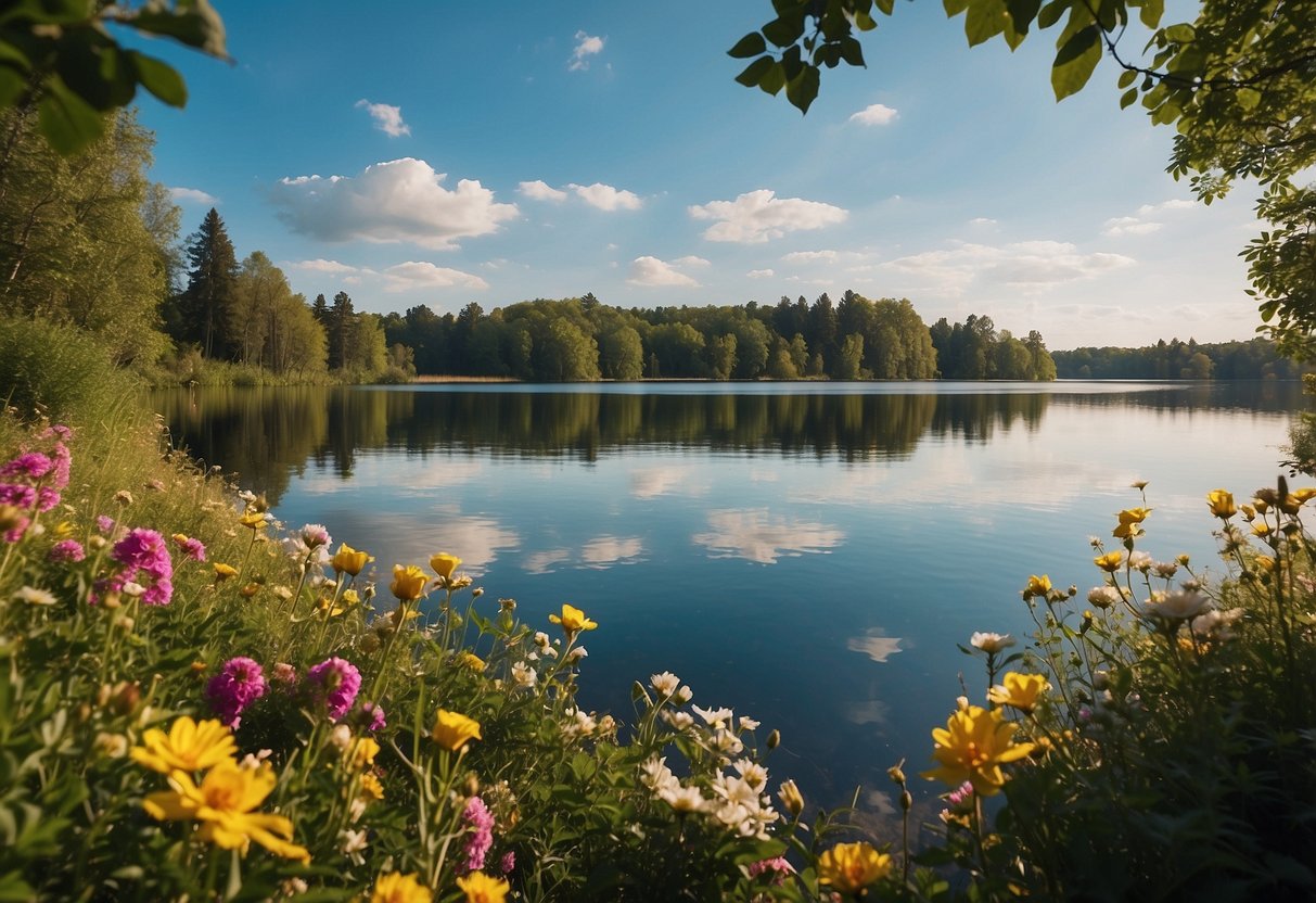 A serene nature scene with a peaceful lake, surrounded by lush greenery and colorful flowers, with a clear blue sky above