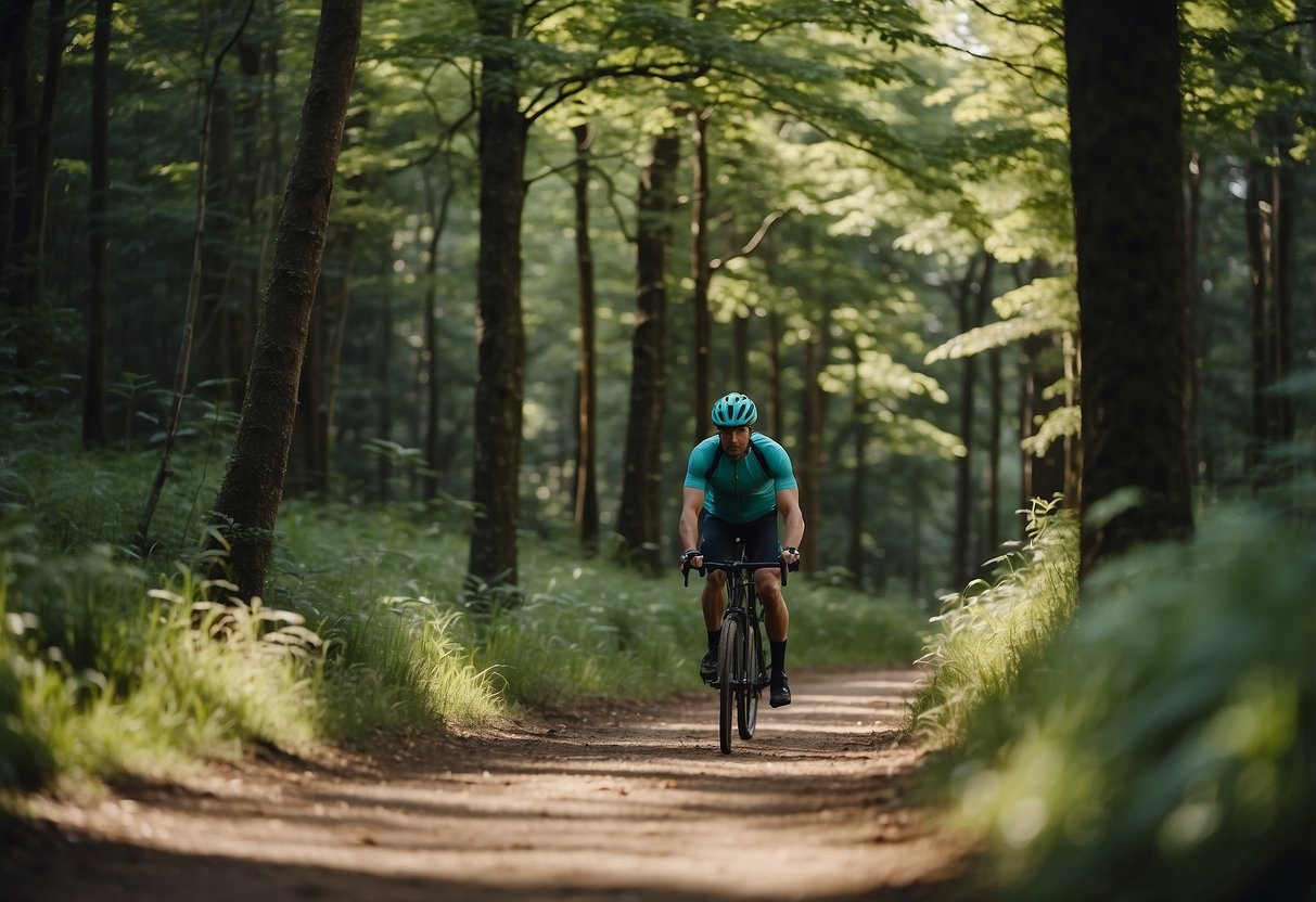 A person cycling through a lush green forest, with reusable water bottle and eco-friendly workout gear. Solar panels on nearby building