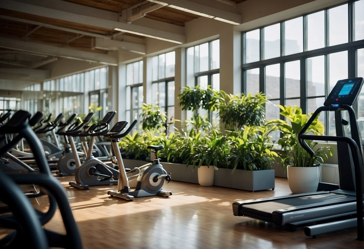 A gym with energy-efficient lighting, recycling bins, and indoor plants. Bicycles and treadmills are powered by renewable energy sources