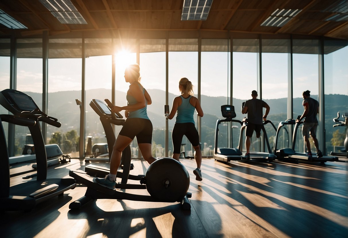 A solar-powered gym with people using eco-friendly equipment. LED lights, natural ventilation, and recycled materials