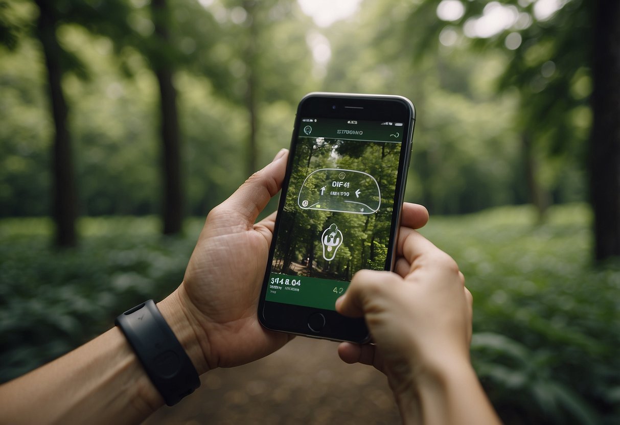 A person using a smartphone to track their fitness progress while exercising outdoors in a green, eco-friendly environment