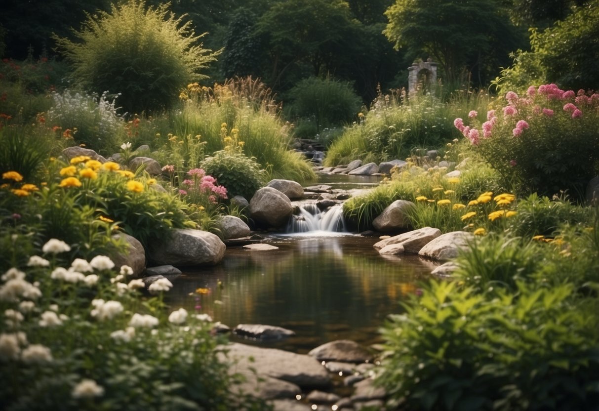 A serene garden with a flowing stream, surrounded by lush greenery and vibrant flowers, with a gentle breeze carrying the scent of herbs and essential oils