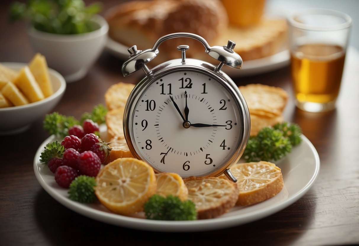 A clock showing the passage of time, a plate of food being set aside, and a body feeling rejuvenated and energized