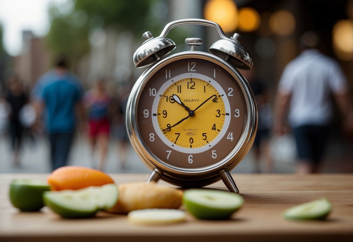 A clock showing different time intervals, healthy food items, and a person engaging in physical activity