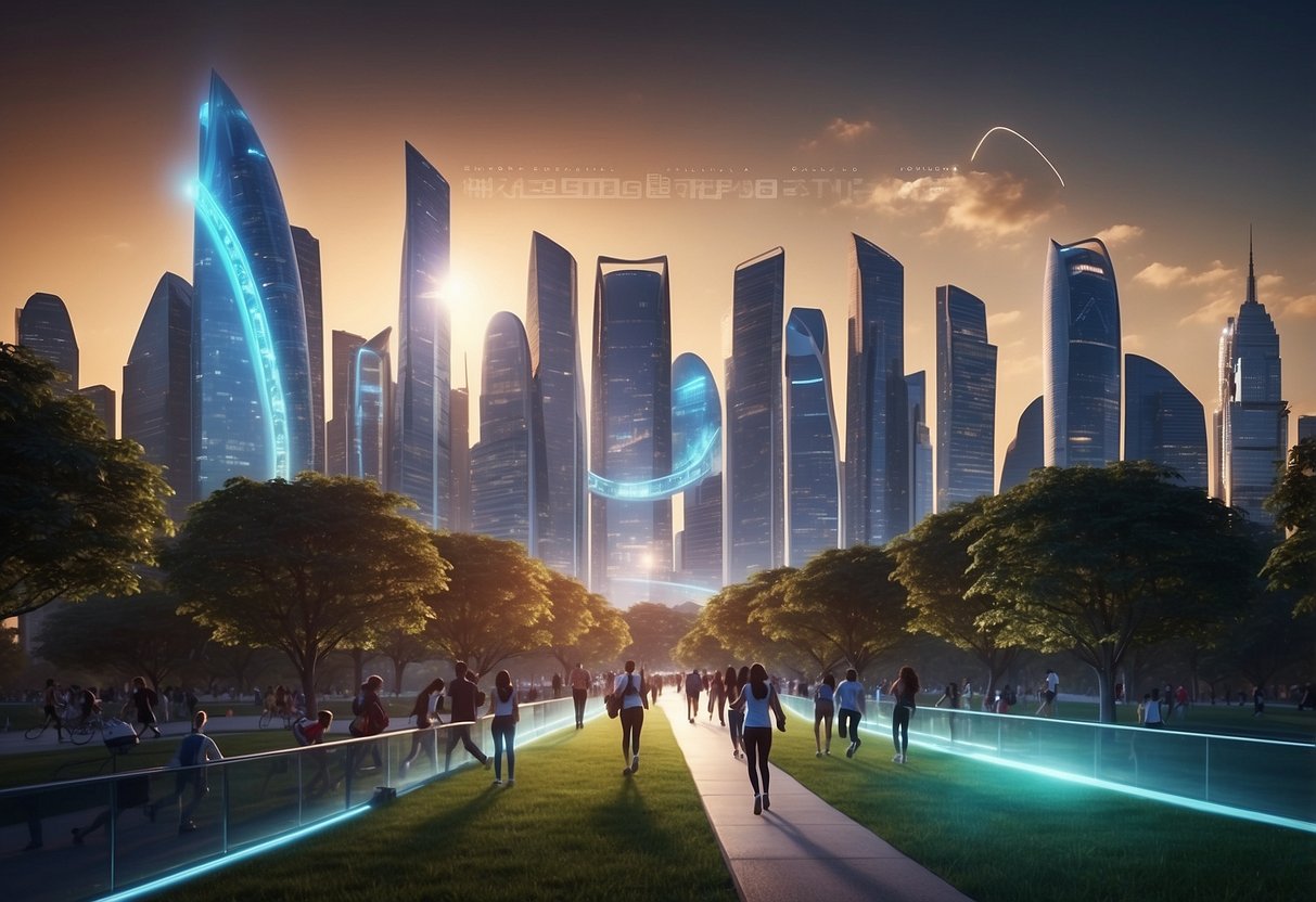 A futuristic city skyline with glowing signs promoting intermittent fasting benefits. A diverse group of people exercising and enjoying outdoor activities in a park