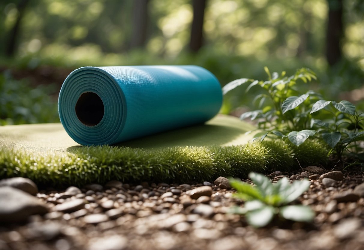 A serene outdoor setting with a gentle stream, lush greenery, and a clear blue sky. A yoga mat and foam roller are placed on the ground, surrounded by peaceful nature