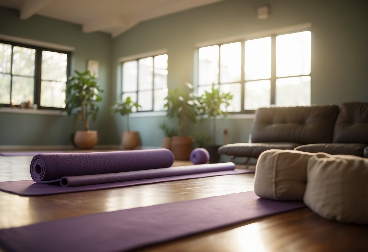 A serene yoga studio with soft lighting, a foam roller, and a yoga mat. A peaceful ambiance with calming music and essential oils fills the space