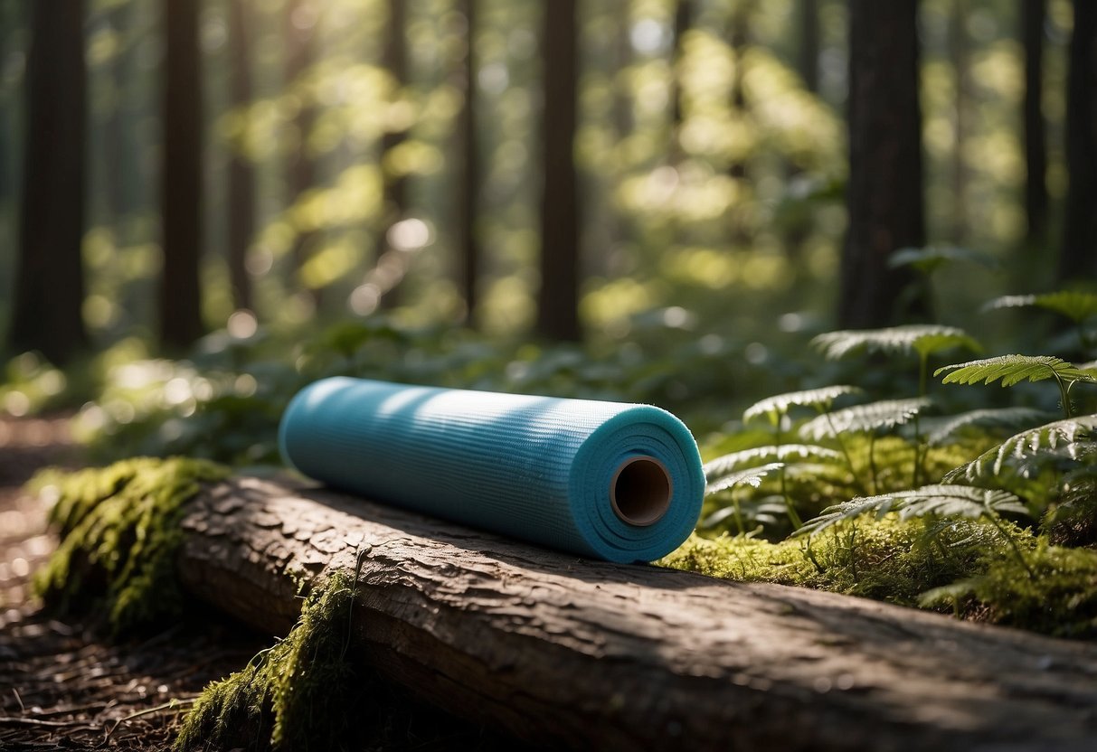 A serene forest clearing with a stream, surrounded by tall trees and dappled sunlight, with a yoga mat and foam roller laid out on the ground