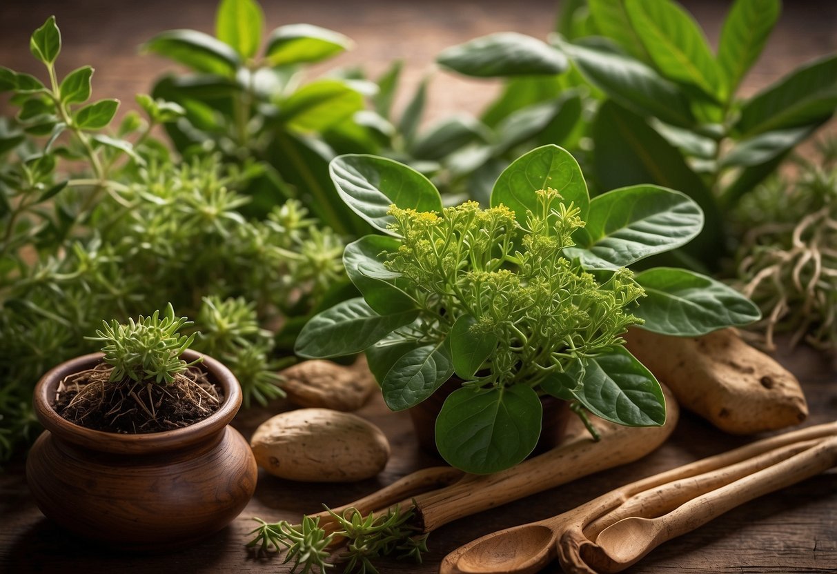 A variety of adaptogenic herbs, such as ginseng, rhodiola, and ashwagandha, are arranged on a wooden surface with vibrant green leaves and natural lighting