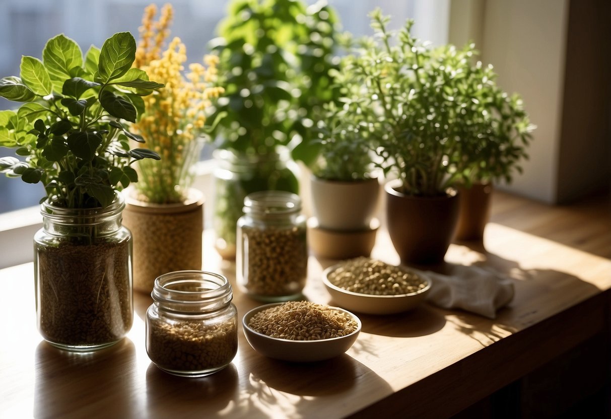 A table with various adaptogenic herbs and plants, such as ginseng, ashwagandha, and rhodiola, arranged in colorful jars and containers. Sunlight streaming in through a window highlights the natural ingredients