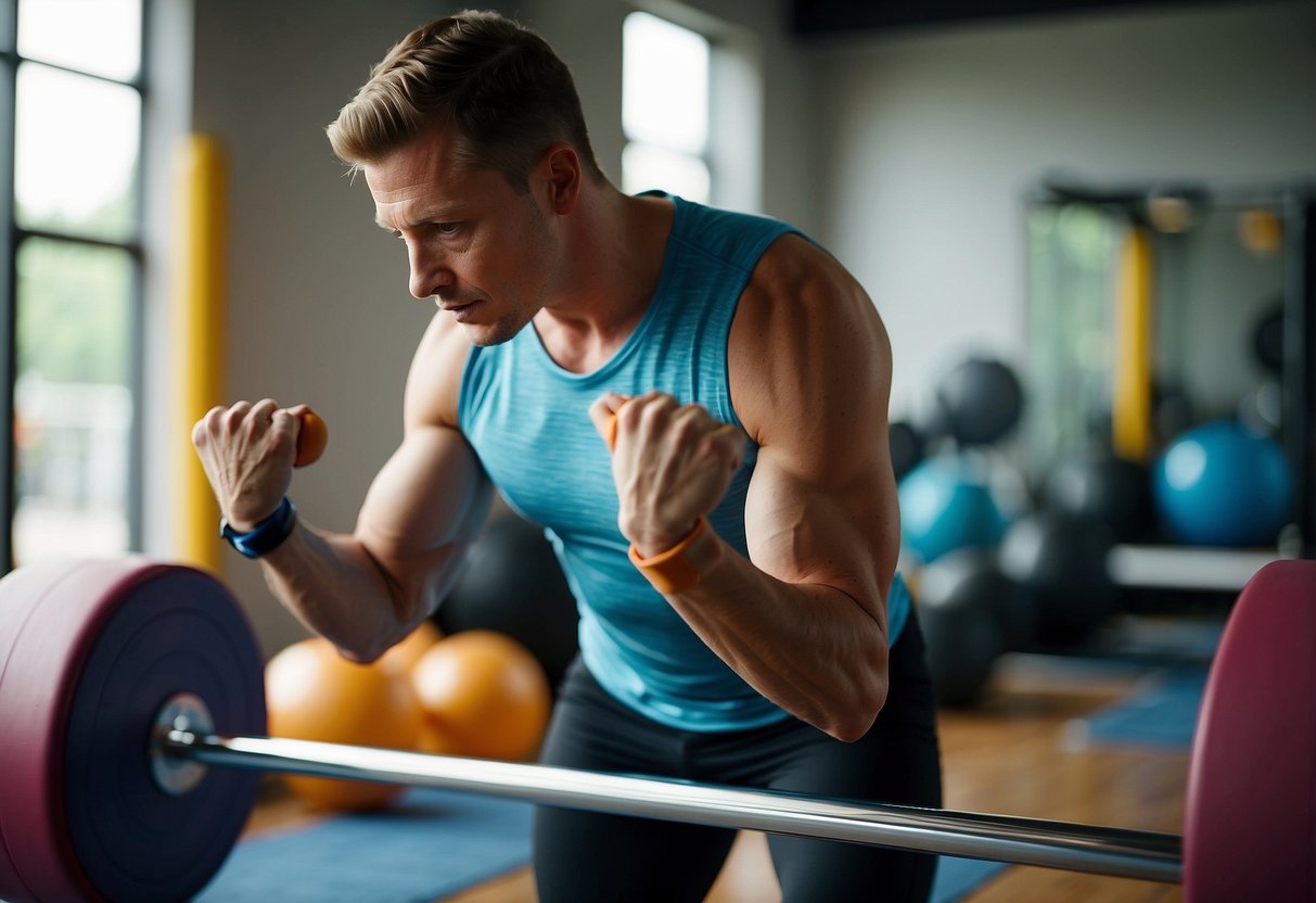 A person is lifting weights while balancing on a stability ball. Another person is using resistance bands for leg exercises