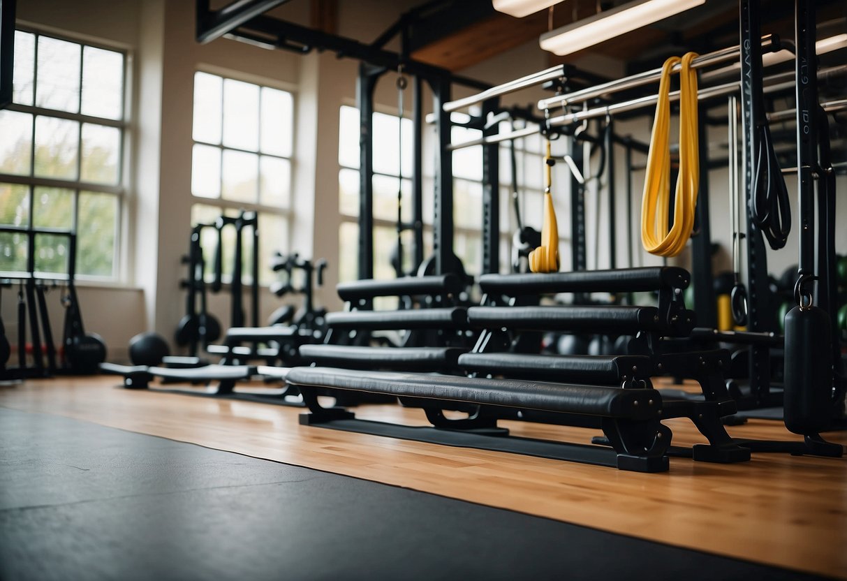 Various functional movement training equipment and accessories arranged in a spacious, well-lit gym setting. Resistance bands, kettlebells, and agility ladders are neatly organized for use