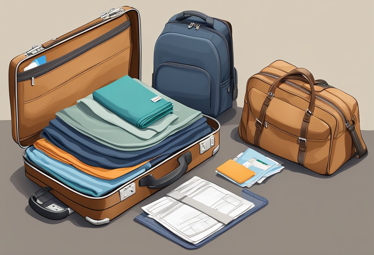 A well-packed suitcase sits open, spilling out neatly folded clothes and travel essentials. A passport and boarding pass peek out from a side pocket