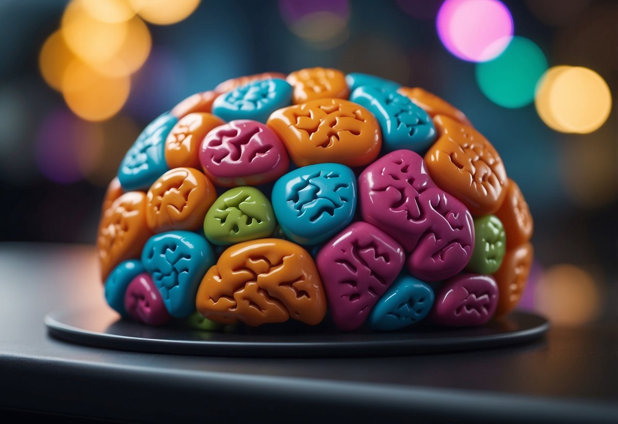 A vibrant brain surrounded by exercise, healthy food, and positive social interactions