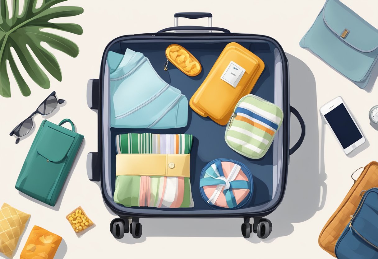 A suitcase bursting with neatly folded clothes, toiletries organized in clear bags, a compact travel pillow and blanket, a slim laptop and tablet, and a small pouch of snacks and entertainment items