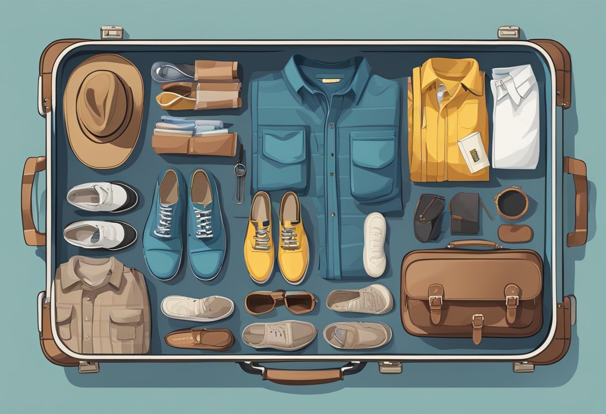 Clothes and shoes neatly packed in a suitcase, with various travel items organized around them