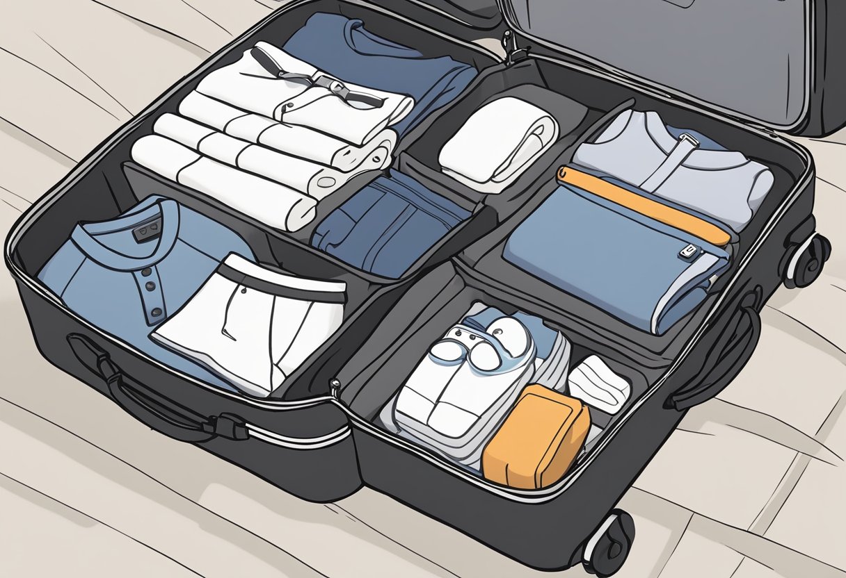 A suitcase open with neatly folded clothes, toiletries, and travel essentials laid out on a bed, ready to be packed