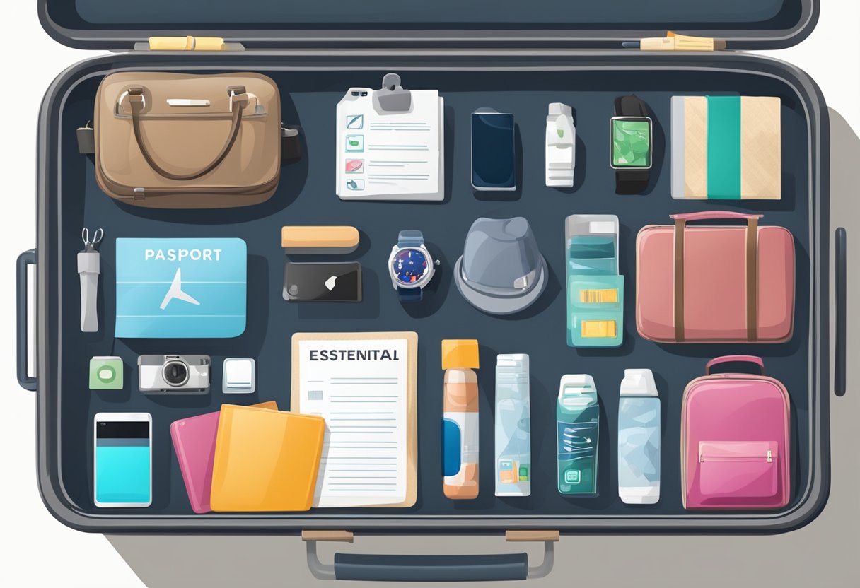 A table with a checklist of travel essentials: passport, tickets, toiletries, clothing, and electronics neatly organized in a suitcase