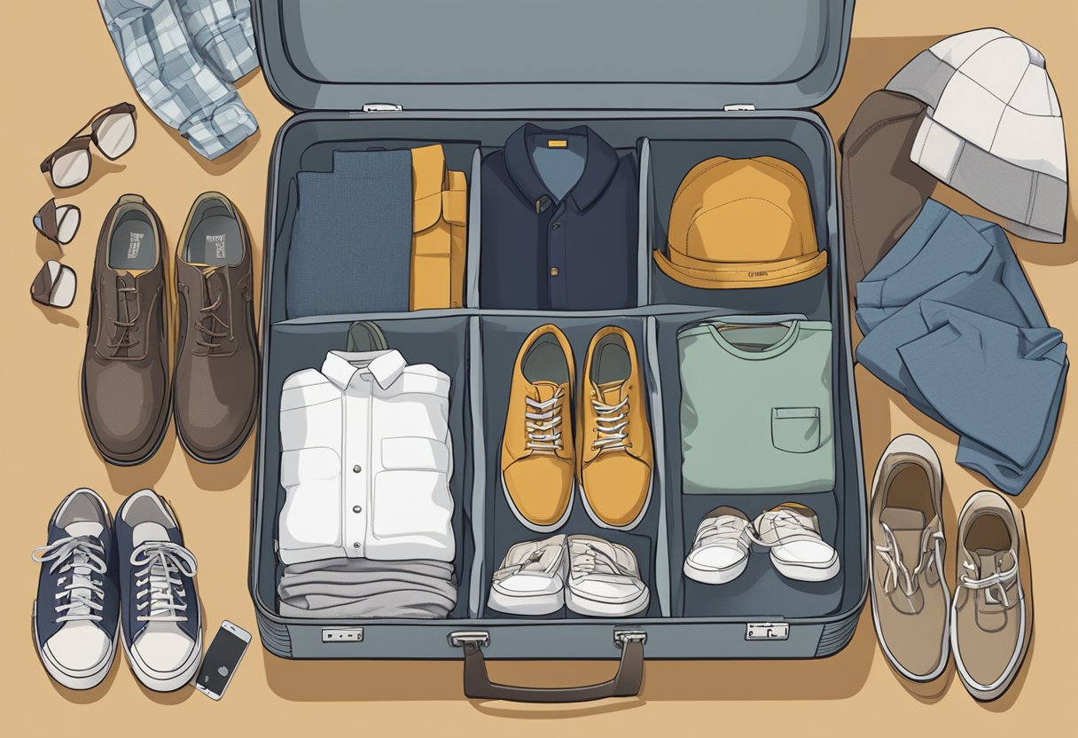 A suitcase open on the floor, filled with neatly folded clothing and shoes. A checklist with the title "Clothing and Shoes: The Ultimate Checklist" is placed next to it