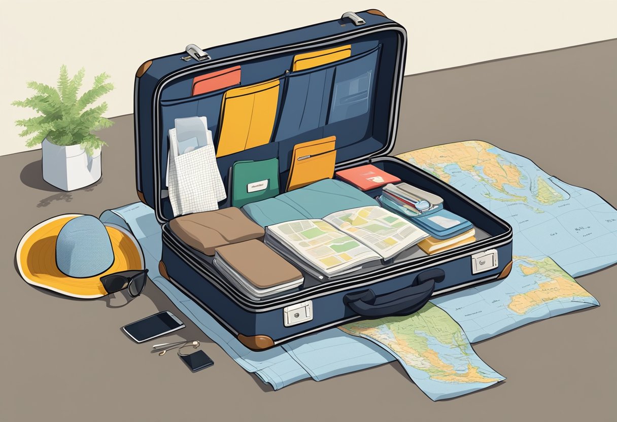 A suitcase open on a bed, filled with personal items such as clothes, toiletries, and travel documents. An open passport and a map are visible on top