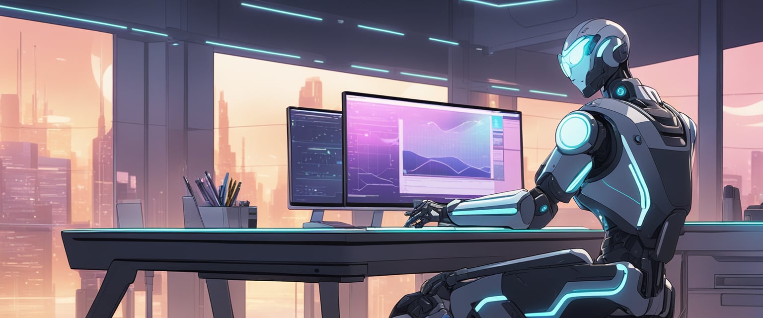 A sleek AI robot sits at a glowing desk, engrossed in work on a futuristic computer in a sleek, modern office